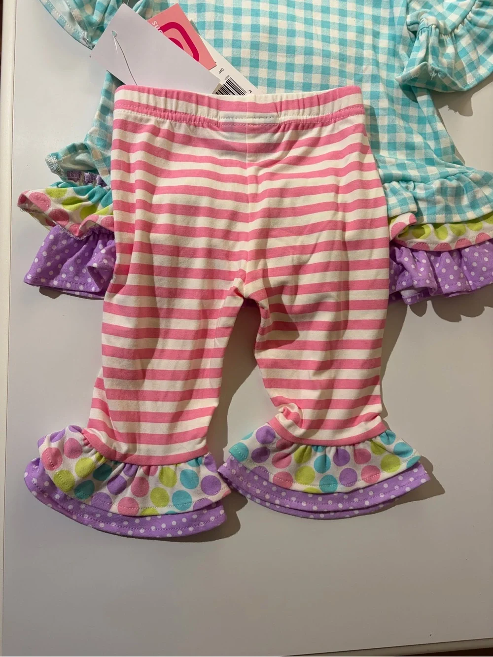 Girls Colorful Set with Ruffle Bunny Top and Pink Stripe Ruffle Pants 18 months